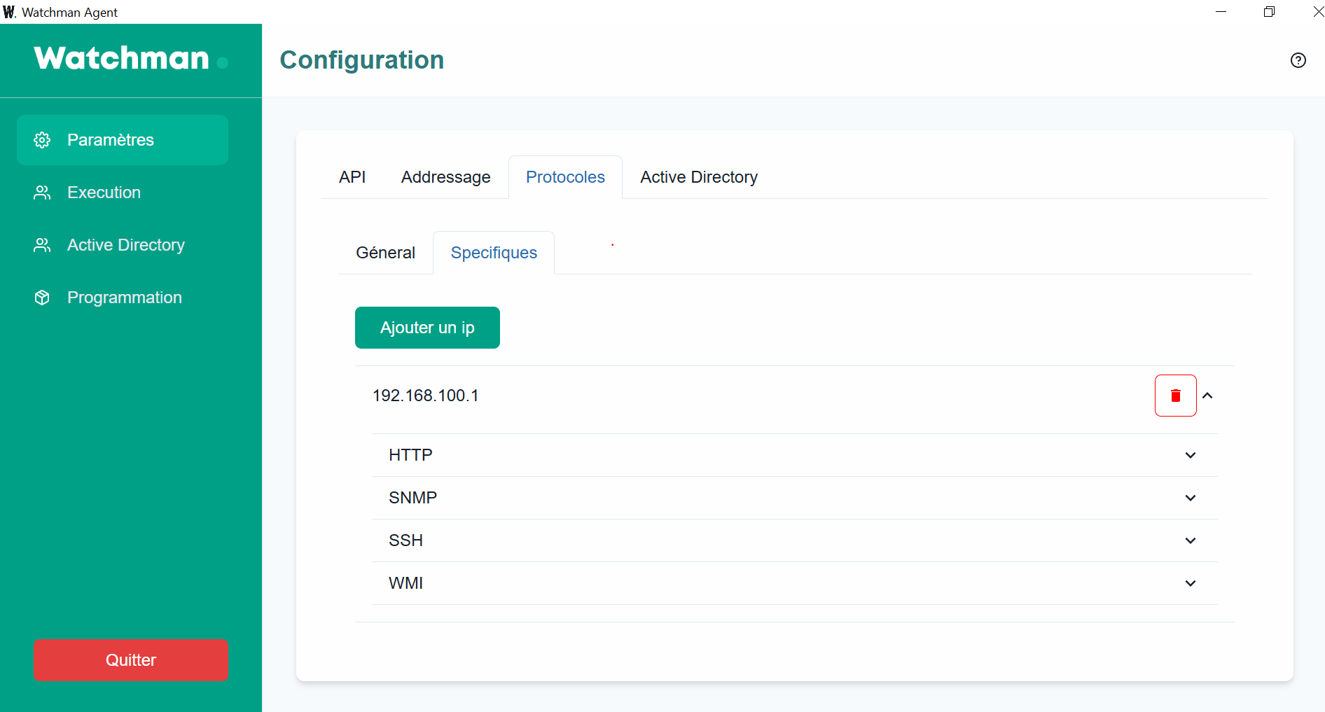 Specific protocols configuration for an IP